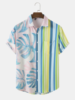 Hommes Tropical Leaf & Striped Print Two Tone Lifeful Single Pocket Soft Chemises Respirantes