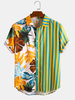 Hommes Tropical Leaf Colorful Stripe Mixed Print Manches Courtes Casual Chemises de Vacances