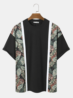 Hommes Tropical Leaf Print Patchwork Crew Neck Soft T-shirts décontractés à manches courtes