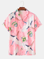 Hommes Vintage Cartoon Crane Print Turn Down Collar Short Sleeve Casual Shirts