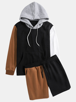 Hoodies de poche kangourou patchwork pour hommes taille élastique Shorts de cordon de conception deux pièces tenues