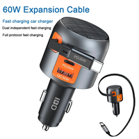 IBD IBD358 1U2C 60W PD30w QC30W 3-in-1 USB Car Charger Retractable Cable Multi-PortFast Charging USB Type C Charger fo