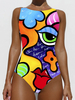 Imprimé abstrait coloré col haut amincissant One maillot de bain de plage sans manches pour les femmes