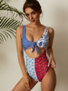Imprimé coloré Patchwork Tie Front One Piece Cut Out Slimming Swimwear For Women