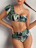 Imprimé de plantes tropicales One Bandage à lépaule Dos nu Taille haute Bikinis verts Maillots de bain