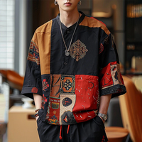 INCERUN Ethnic Style Mens Shirt,  Mid-length Sleeve Stand Collar Loose Casual Shirt For Men Daily Vacation Streetwear