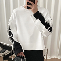 INCERUN Men Black White Color Lace Up Design Pullover Hoodies Casual Loose Fit Crew Neck White Hoodies Plus Size Men