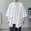 INCERUN Men Cotton Linen Half Sleeve Shirt Solid Color Comfy Loose Fit Casual Stand Collar Top for Men Plus Size Spring