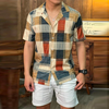 INCERUN Men Cuban Collar Color Check Print Short Sleeve Shirt Fashion Color Block Lapel Tops Beach Shirts for Men Large