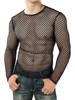INCERUN Men Fashion Mesh See-through Casual Long Sleeve Hollow Black T-Shirt