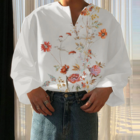 INCERUN Men Flowers Print V-neck Long Sleeve Shirt Comfy Loose Fit Top Shirt for Men Plus Size,  Spring Fall