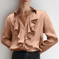 INCERUN Men Lace Collar Design Long Sleeve Shirt Fashion Solid Color Botton Up Lapel Top Male for Spring Fall