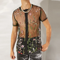 INCERUN Men Lace Shirts Fashion Printed Shirts Men Short Sleeve V Neck Blouse Leisure Embroidered Button Man See Through