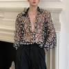INCERUN Men Long Sleeve Mesh Shirts Turn Down Collar Casual Printing Shirt Man See Through Loose Blouse Fashion Party Bl
