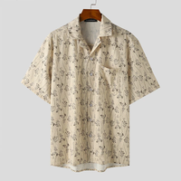 INCERUN Men Printing Shirt Summer Lapel Apricot Shirts Button Short Sleeve Top with Pockets Korean Casual Men Clothing S