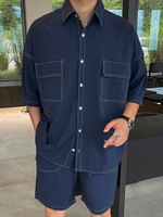 INCERUN Men Sets Solid Color Lapel Short Sleeve Shirts & Short Casual Daily Men Two Pieces Outfits with Pockets Fashion