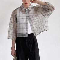 INCERUN Men Shirt Mesh Transparent Plaid Lapel 3/4 Sleeve Short Shirt Fashion Casual Men Clothing Loose Button Camisas