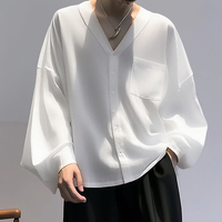 INCERUN Men Shirts Casual Blue Shirts Daily Long Sleeve White Shirts Solid Color V-neck Orange Shirts Summer Comfy Top w