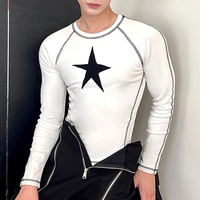 INCERUN Men Start Print White Tight T-shirt Fashion Stitching Crew Neck Long Sleeve White Top Tee for Men Plus Size,  Spr
