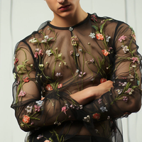 INCERUN Men T-shirts Fashion See-through Mesh Embroidered Flower Decor Long Sleeve Black Tshirts Summer Cool Party Male