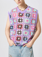 INCERUN Men Tank Top Fashion Color Block Print Sleeveless Top V-neck Summer Casual Mesh Lace Men Streetwear Clothing