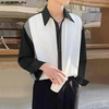 INCERUN Mens Colorblock Patchwork Long Sleeve Shirt Comfortable Soft Fashion Lapel Top Shirt