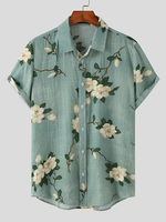 INCERUN Mens Cotton Linen Shirt Ethnic Floral Print Short Sleeve Beach Shirt
