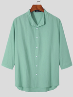 INCERUN Mens Cotton Stand Collar Three-quarter Sleeve Casual Summer Button Down Shirt