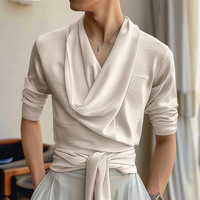 INCERUN Mens French Elegance Draped Neck Shirt Fashion High Elastic Solid Color Long Sleeve Top for Men