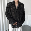 INCERUN Mens Fringe See Through Long Sleeve Shirt Fashion Pactwork Thin Spliced Tulle Lapel Blouse Loose Fit for Men S-5