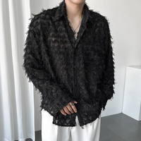 INCERUN Mens Fringe See Through Long Sleeve Shirt Fashion Pactwork Thin Spliced Tulle Lapel Blouse Loose Fit for Men S-5