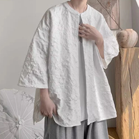 INCERUN Mens Jacquard Textured Casual Short Sleeve Shirt Comftable Loose Fit Crew Neck Botton Up Top Mela Plus Size S-5X