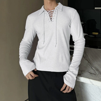 INCERUN Mens Lace-Up Cross V-Neck Long-Sleeve T-Shirt Comfortable Soft Fabric Solid Color Tshirt Top for Male