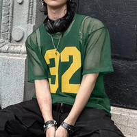 INCERUN Mens Numeric Print Sheer Mesh T-Shirt Solid Color Crew Neck Tshirts Fashion Matching Streatwear for Male Plus Si