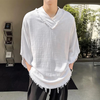 INCERUN Mens Raw Edge High-Low Hem T-Shirt Solid Color Wide Half Sleeve V-neck Tshirt Casual Top for Male S-5XL