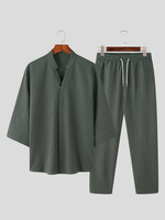 INCERUN Mens Sets 3/4 Short Sleeve Shirt & Pants Two Pieces Set Loose Daily Men
