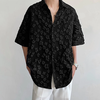 INCERUN Mens Shirt Fashion Embossed Floral Print Tops Black Short Sleeve Shirt