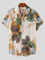 INCERUN Mens Shirt Plant Print Lapel Short Sleeve Shirt Summer Beach Shirts