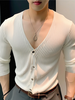 INCERUN Mens Shirt Solid Color Knitted V-neck Long Sleeve Top Shirts Casual Daily Men Streetwear Clothing