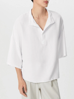 INCERUN Mens Shirt Solid Color Stand Collar Shirt Summer Casual Loose Fit Half Long Sleeve Top Men Clothing Shirts