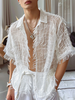 INCERUN Mens Shirts Fringed Chiffon White Shirt V-neck Lapel Short Sleeve Shirt Solid Color Men Clothing