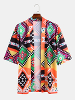 Jay Chou Mojito Même Style Colorful Kimono Imprimé Géométrie Demi Manches Cardigan Casual Chemises