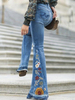 Jeans à fond de cloche décontracté élégant pour femmes avec broderie florale avec poches