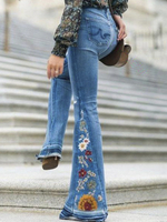 Jeans à fond de cloche décontracté élégant pour femmes avec broderie florale avec poches