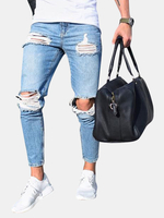 Jeans délavés taille basse skinny lavés bleus pour hommes