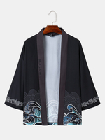 Kimono à manches 3/4 ample à imprimé vague japonaise pour homme