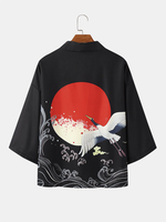 Kimono à manches 3/4 imprimé Crane Red Sun Back pour homme