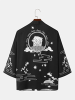 Kimono ample à imprimé chat de style japonais pour hommes