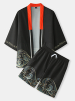 Kimono deux pièces à motif de vagues Ukiyoe pour hommes