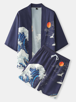 Kimono japonais pour homme Wave & Koi Ukiyoe dos imprimé tenues deux pièces